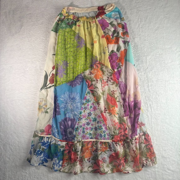 Sacred Threads Dresses & Skirts - Sacred Threads Chiffon Patchwork‎ Ruffle Hem Beaded Button Front Skirt Womens S